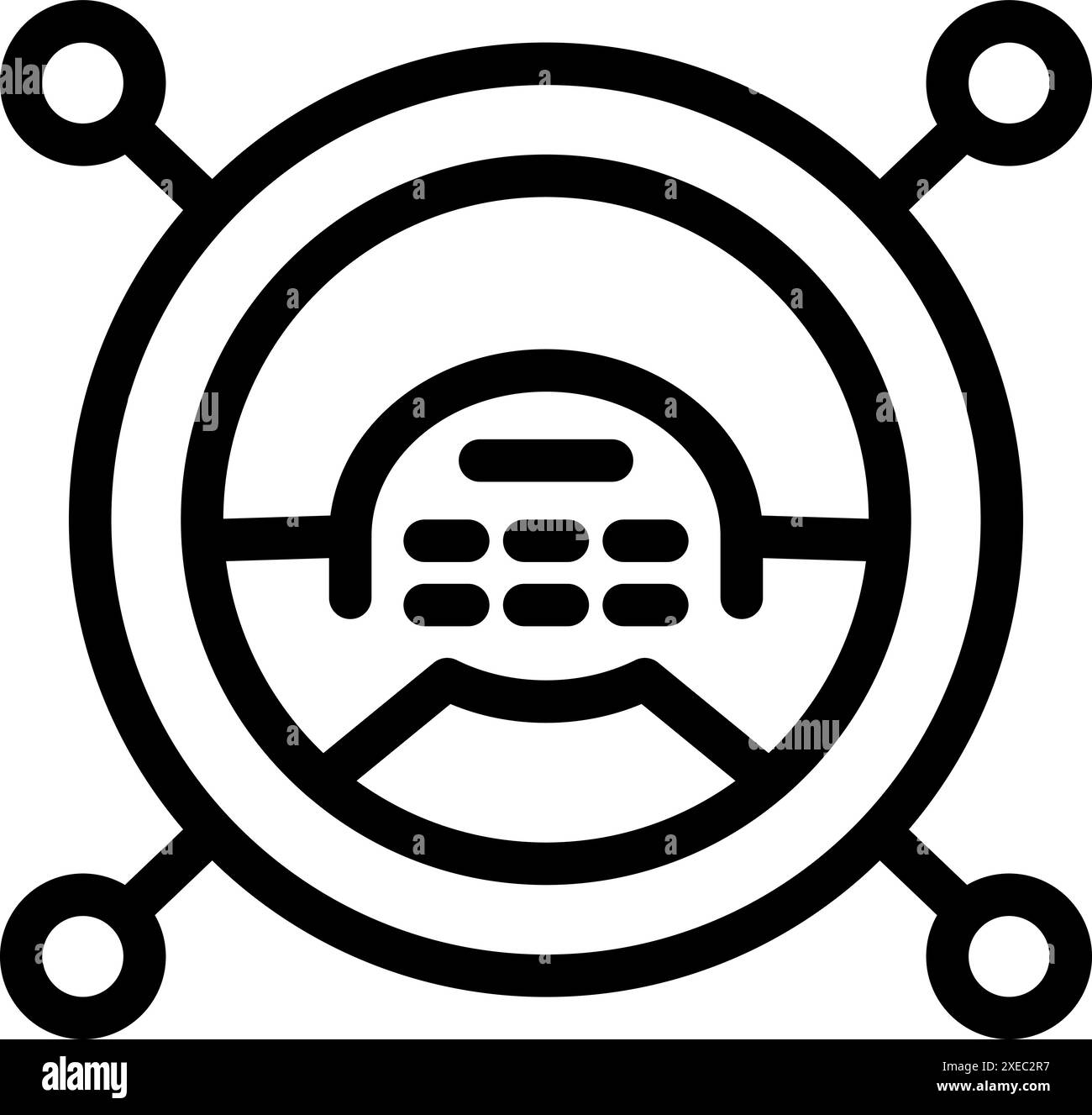 Volant de voiture futuriste autonome avec tableau de bord numérique affichant le système de navigation et connecté au réseau sans fil, icône de dessin au trait Illustration de Vecteur