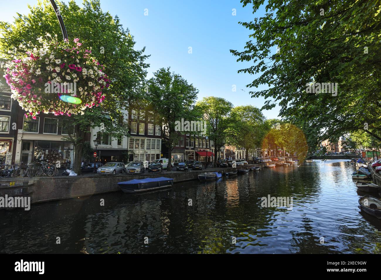 Canal d'Amsterdam avec bateaux et fleurs suspendues - pays-Bas Banque D'Images