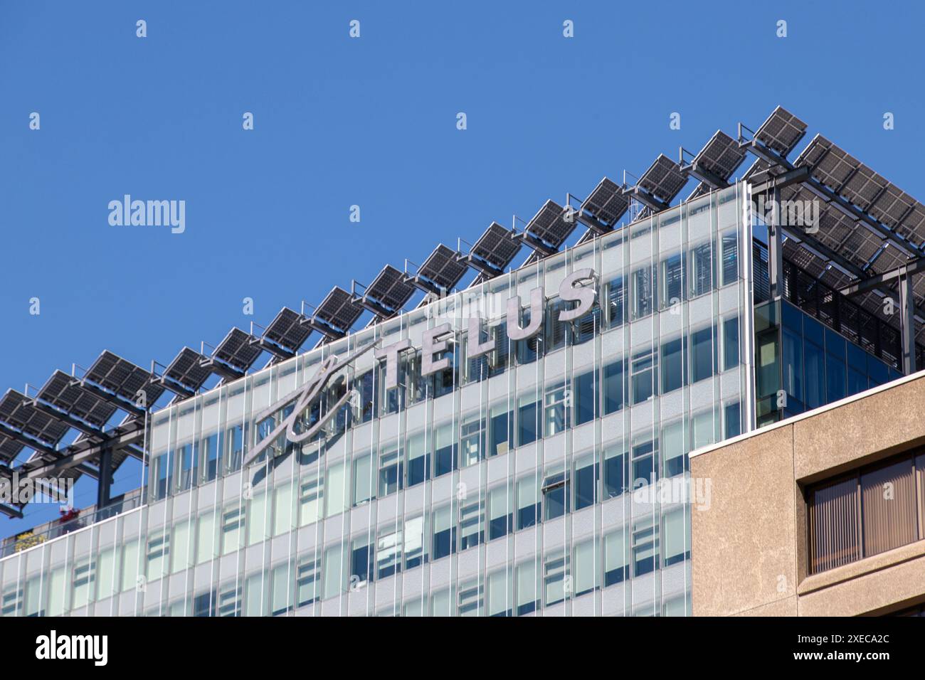 Vancouver, CANADA - 10 mai 2024 : signe TELUS vu par jour ensoleillé. TELUS est l'une des principales entreprises de télécommunications au Canada, offrant des services en t Banque D'Images
