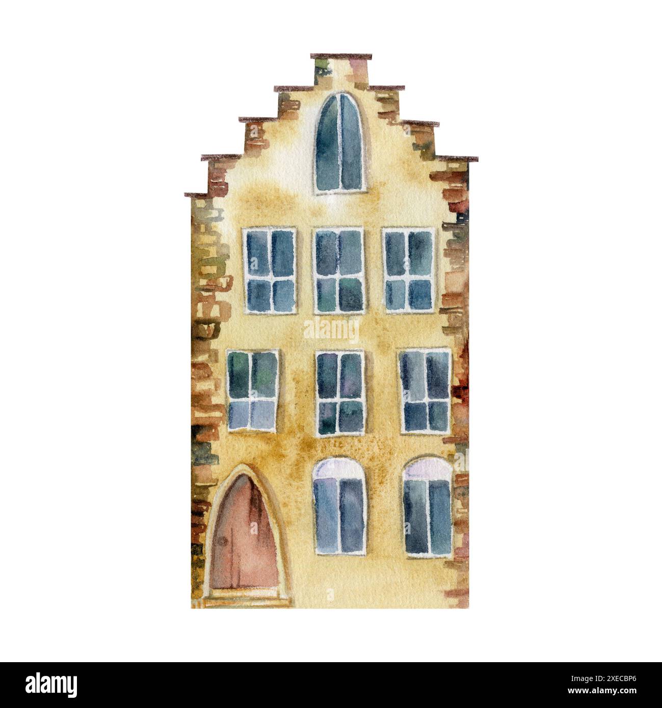 Vieilles maisons de rue de ville européenne, façades extérieures urbaines. Bâtiment historique de paysage urbain. Aquarelle illustration dessinée à la main. Pour les boutiques touristiques Banque D'Images