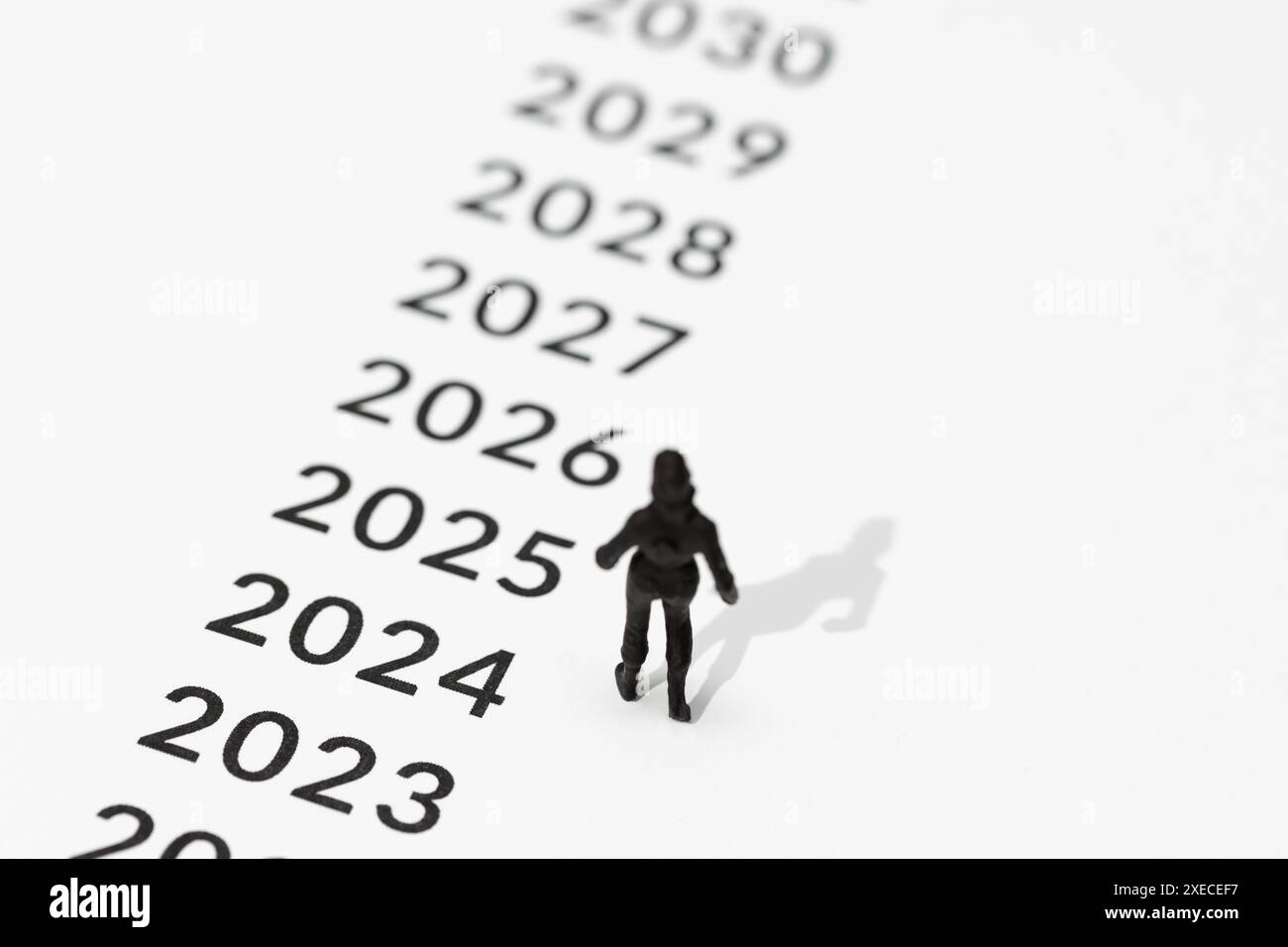 Figurine de femme regardant les années futures marquées sur le sol. Pension, retraite, concept de régime. Copier l'espace Banque D'Images