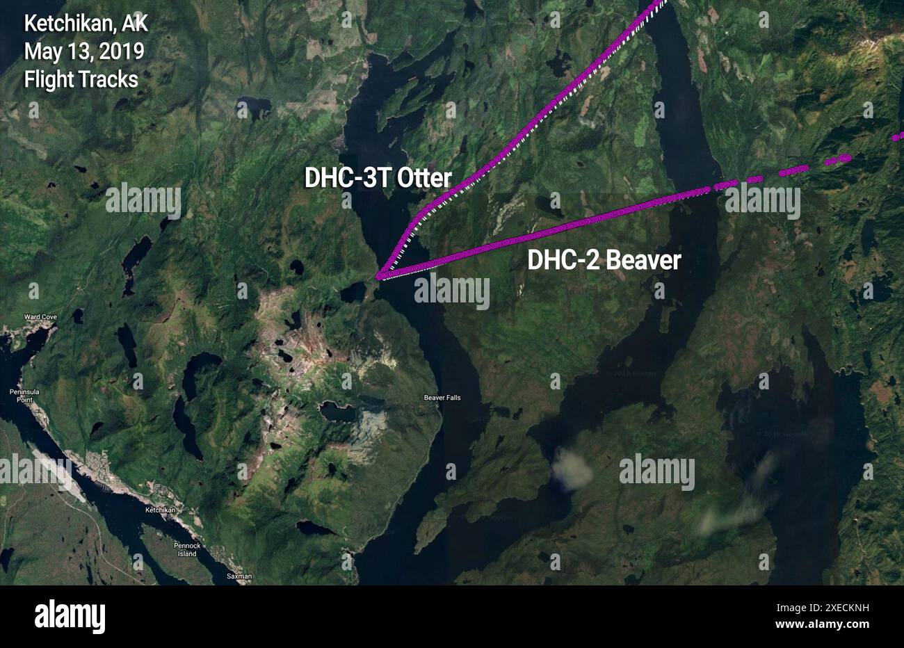 KETCHIKAN (Alaska) (15 mai 2019) — données préliminaires de suivi ADS-B fournies par la Federal Aviation Administration des deux avions impliqués dans la collision en vol près de Ketchikan (Alaska) le 13 mai 2019. Ketchikan, Alaska Banque D'Images