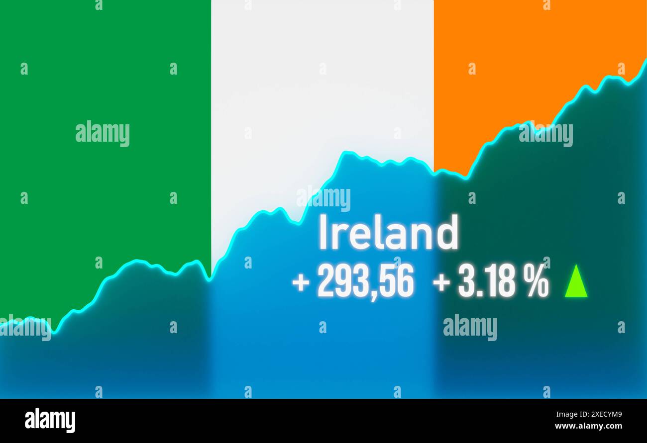 Hausse du marché boursier irlandais, graphique en hausse. Le marché boursier irlandais est en hausse. Graphique montant avec drapeau irlandais. Marché haussier, croissance, rallye boursier, tendance positive, Banque D'Images