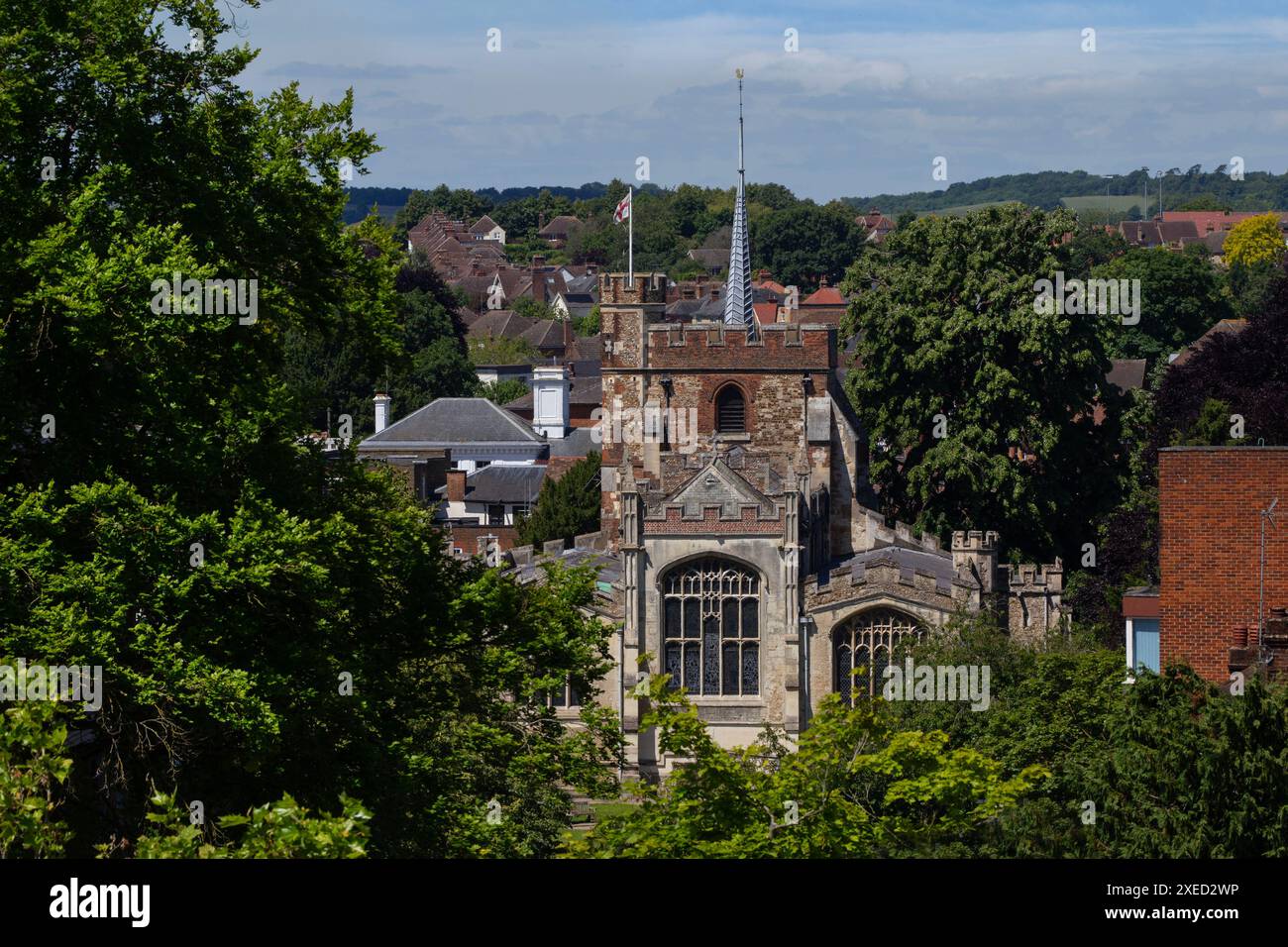 Vue depuis la colline du moulin à vent de l'église St Marys, Hitchin, Hertfordshire, Angleterre Banque D'Images