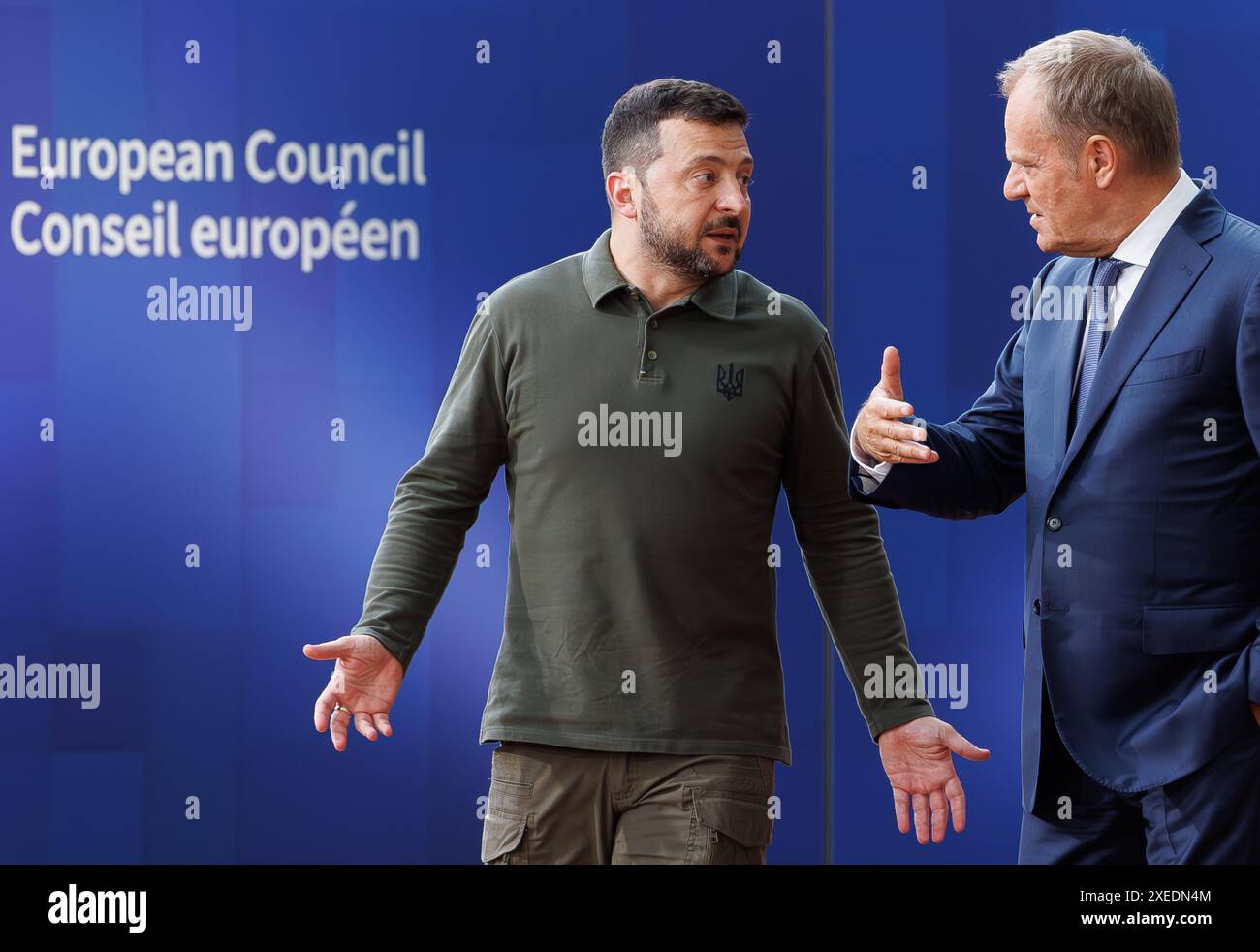 Bruxelles, Belgique. 27 juin 2024. Le président ukrainien Volodymyr Zelensky et le premier ministre polonais Donald Tusk ont pris la photo avant la première journée du sommet du conseil européen, jeudi 27 juin 2024 à Bruxelles. BELGA PHOTO BENOIT DOPPAGNE crédit : Belga News Agency/Alamy Live News Banque D'Images