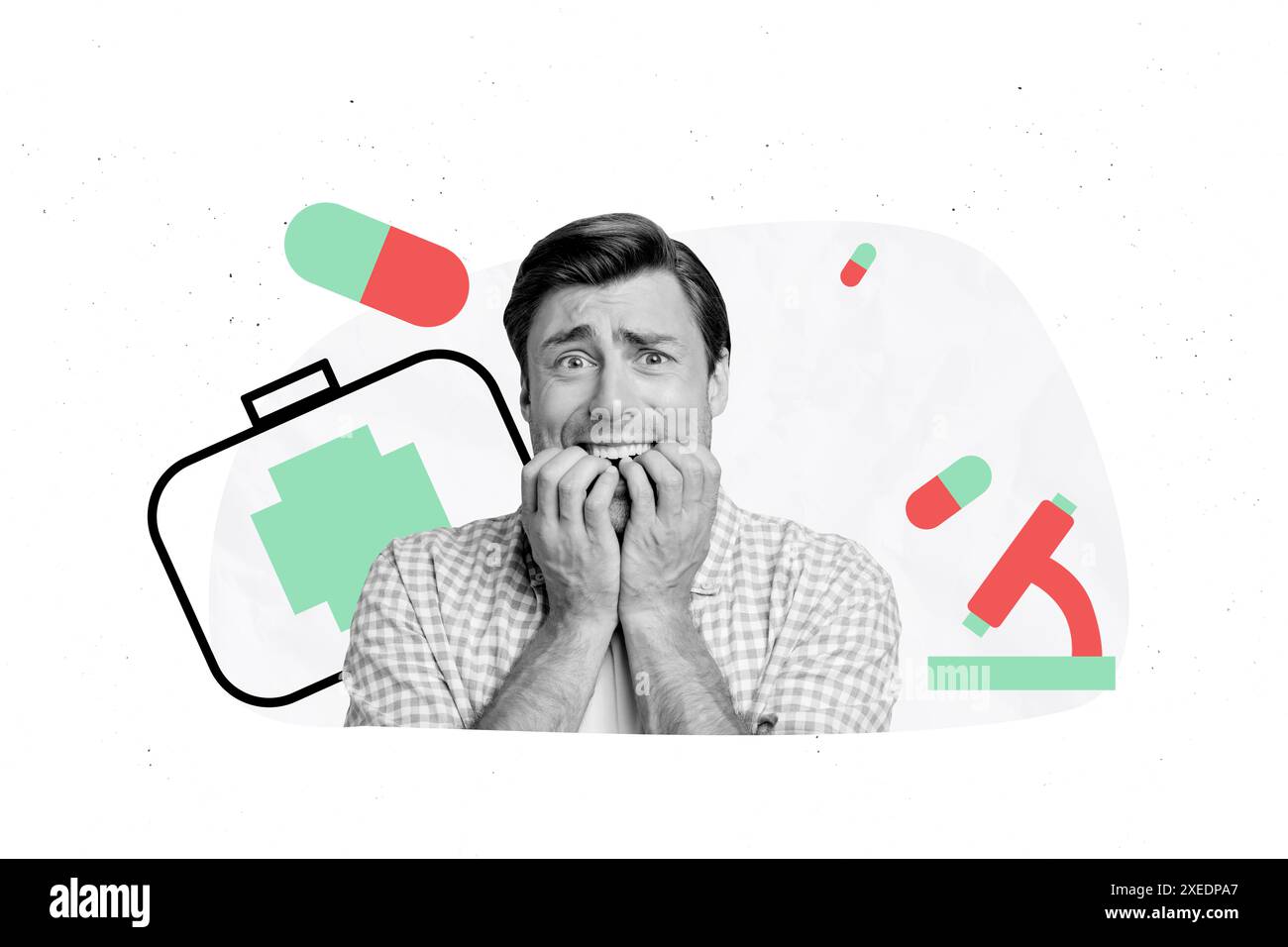 Image de collage créatif jeune homme effrayé peur mordre les ongles frustrés de contrôle médical pilules antibiotiques arrière-plan de dessin Banque D'Images