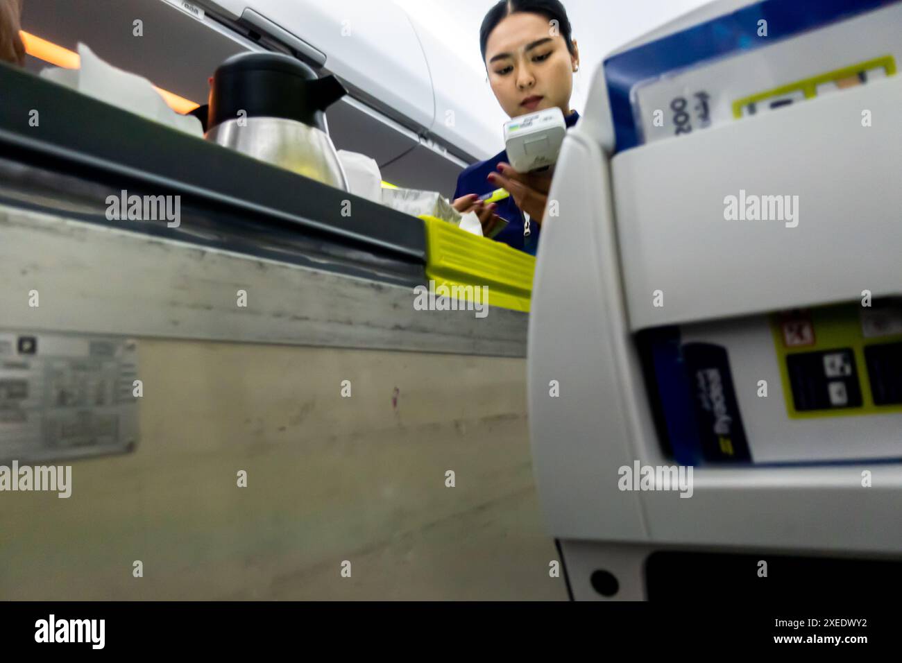 Agent de bord prenant le paiement de la voiture de crédit pour les repas servis aux passagers dans une cabine d'avion Airbus A320 exploité par flyadeal budget Airline Banque D'Images