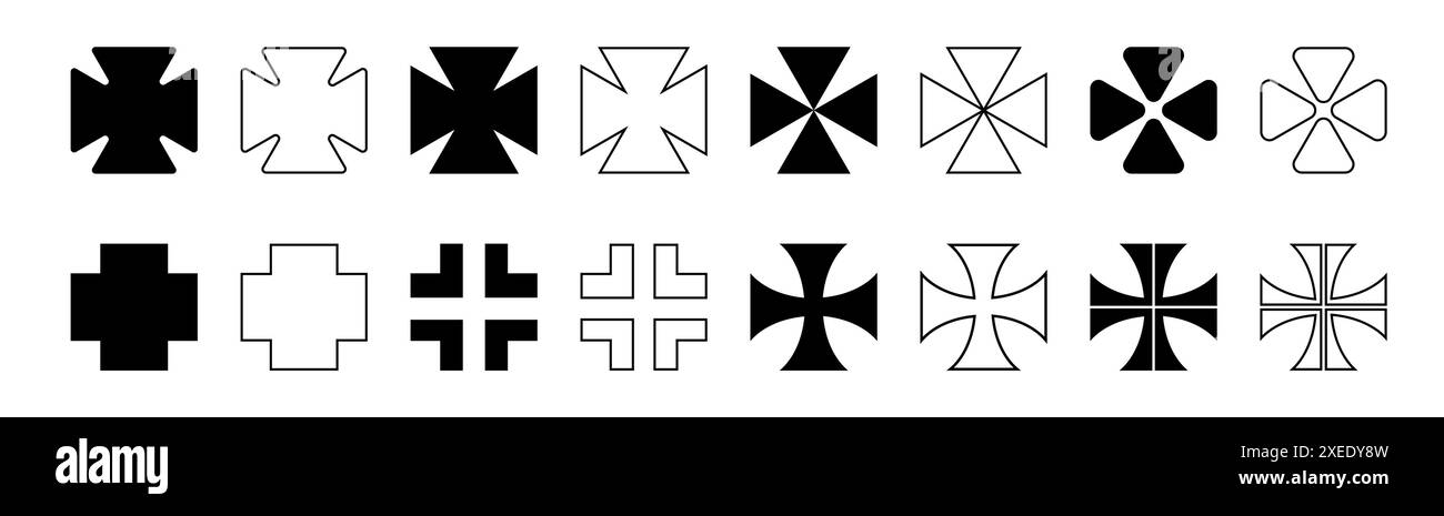 Jeu d'icônes de croix maltaise, croix divisées, symbole de croix chrétienne, forme de contour Illustration de Vecteur