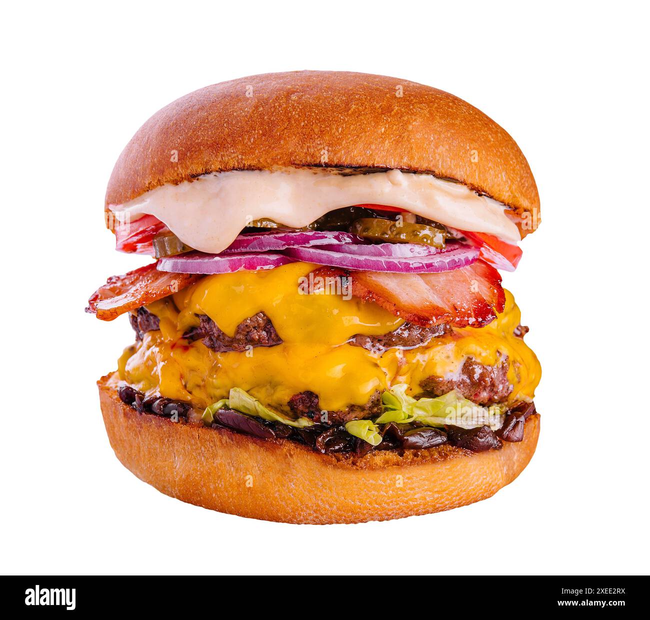 Hamburger au bacon avec patty de boeuf et oignon tomate Banque D'Images