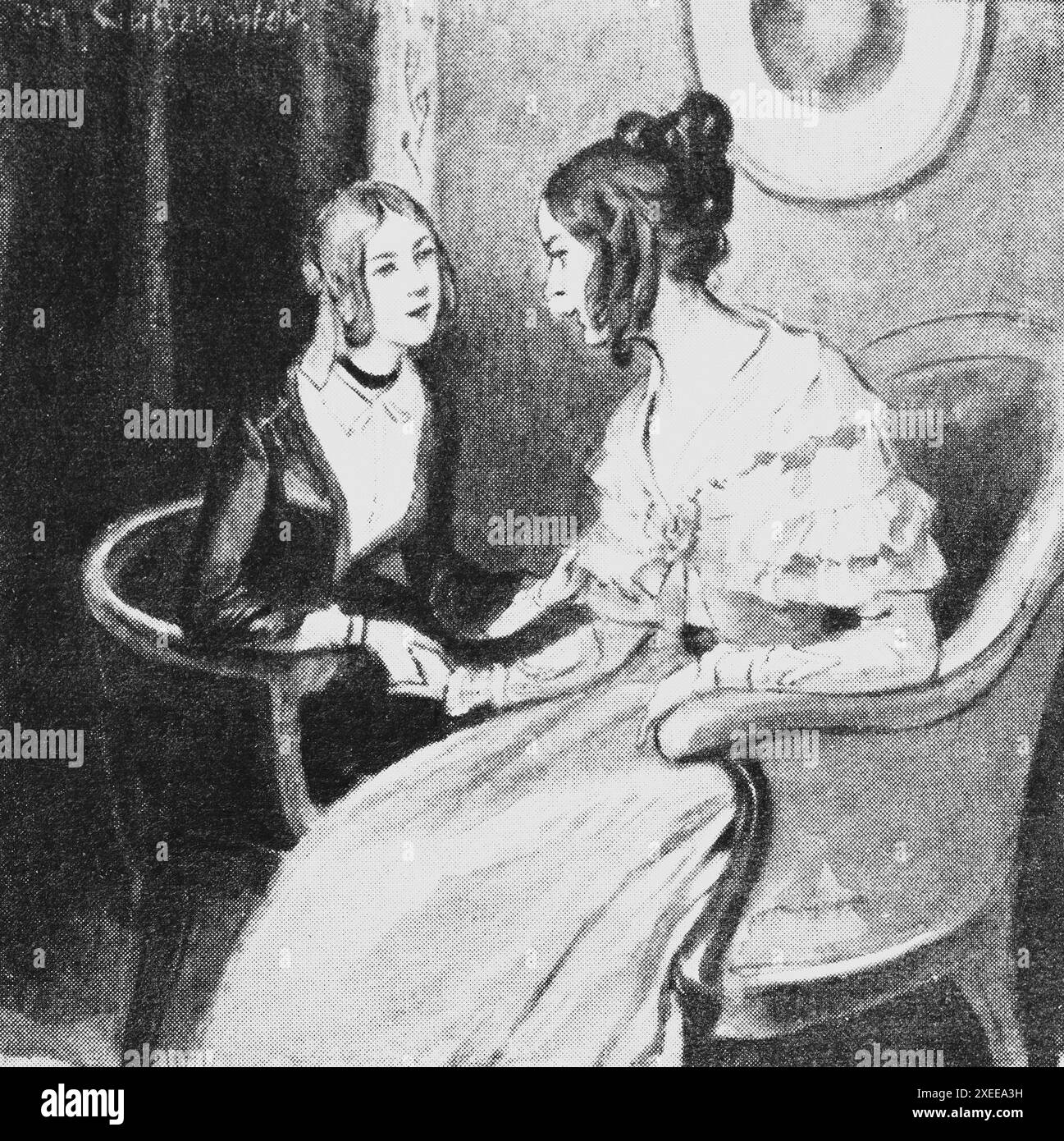 Deux jeunes femmes chummy assis et parlant, la vie des femmes et le rôle de genre fin du 19ème siècle,,illustration historique 1890 Banque D'Images