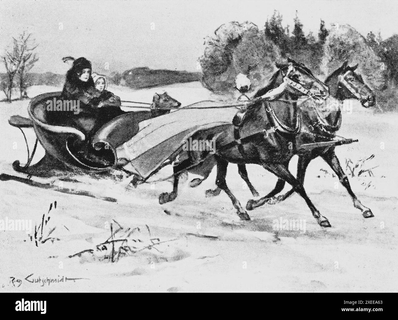 Jeune et âgée dame faisant un tour en luge un jour froid d'hiver, la vie des femmes et le rôle de genre fin du 19ème siècle,,illustration historique 1890 Banque D'Images