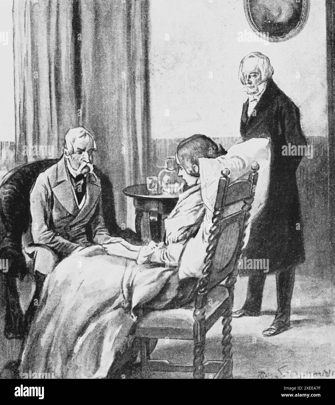 Médecin âgé visitant un ménage riche, fille se sent malade, vie de famille et rôle de genre fin du 19ème siècle,,illustration historique 1890 Banque D'Images