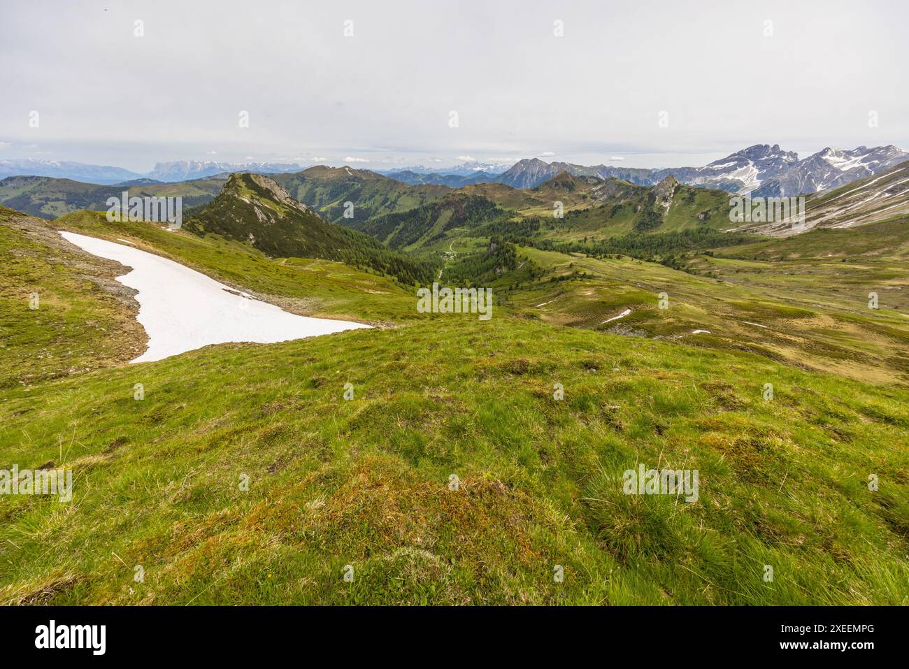Un champ de neige estival s'étend sur une pente herbeuse dans les Alpes de Salzbourg dans la vallée de Großarl, Salzbourg, Autriche. Au-delà s'étire un vaste panorama montagneux avec des sommets enneigés lointains. Banque D'Images