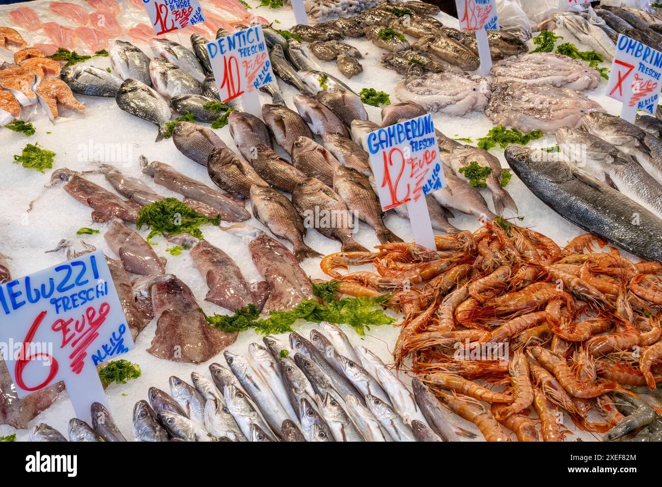 Poissons et fruits de mer frais à la vente à un marché à Naples, Italie Banque D'Images