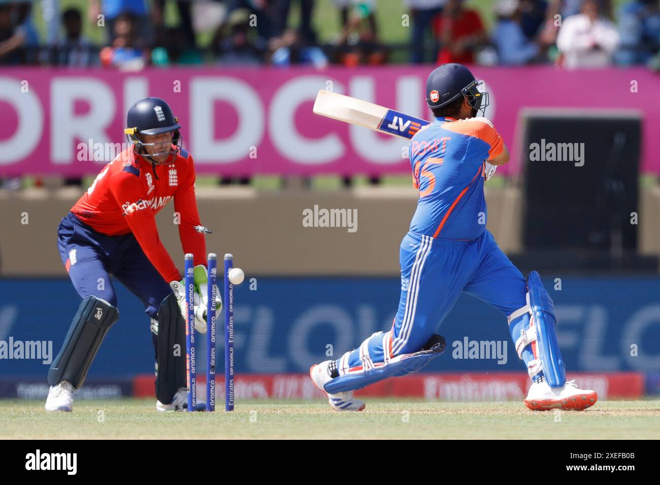 L'indien Rohit Sharma a joué lors de la demi-finale de la Coupe du monde masculine T20 2024 de l'ICC au Providence Stadium de Georgetown, en Guyane. Date de la photo : jeudi 27 juin 2024. Banque D'Images