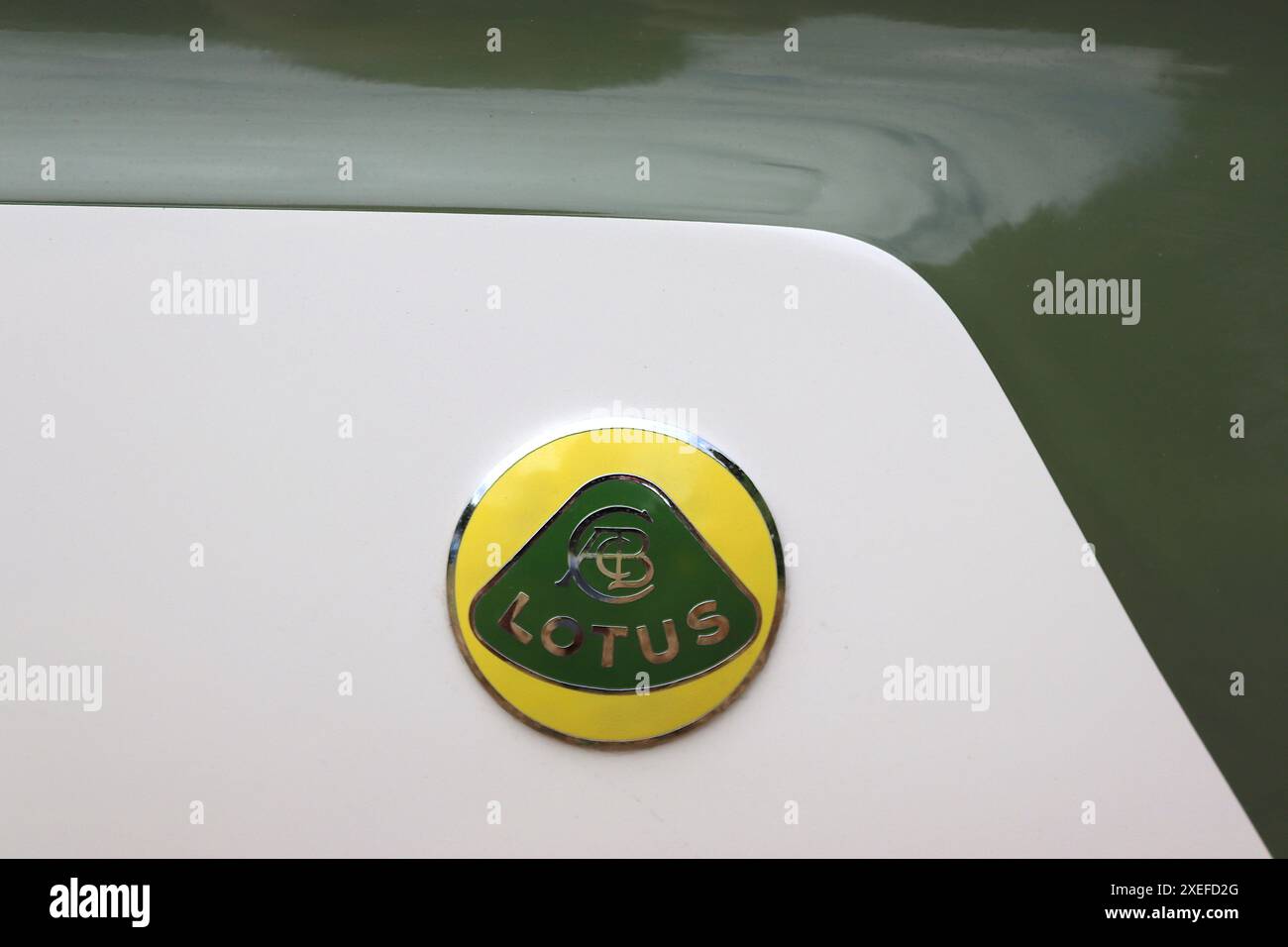 Gros plan de l'emblème emblématique Lotus Cars et du Sherwood Green coachline sur un panneau de custode blanc Ermine d'une Ford Lotus Cortina de MkI. Banque D'Images