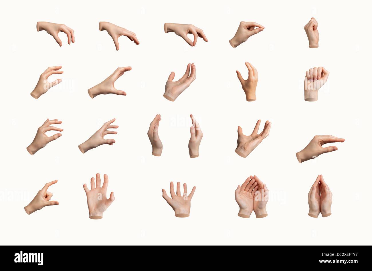 Ensemble de gestes de la main, signes divers. Fond blanc, positions de bras isolées. Palm, poing icônes. Montrant pincement, cueillette, saisie et préhension. Atteindre, Banque D'Images