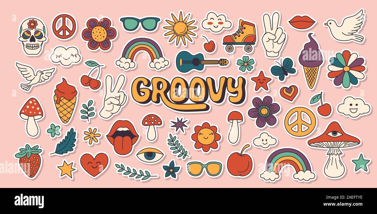Icônes Vintage Groovy de vecteur, éléments de conception pour affiche, conception d'autocollants. Symbole rétro dans le style hippie des années 70, champignon, fleurs, oeil, paix anti-guerre Illustration de Vecteur Icônes Vintage Groovy de vecteur, éléments de conception pour affiche, conception d'autocollants. Symbole rétro dans le style hippie des années 70, champignon, fleurs, oeil, paix anti-guerre Illustration de Vecteur