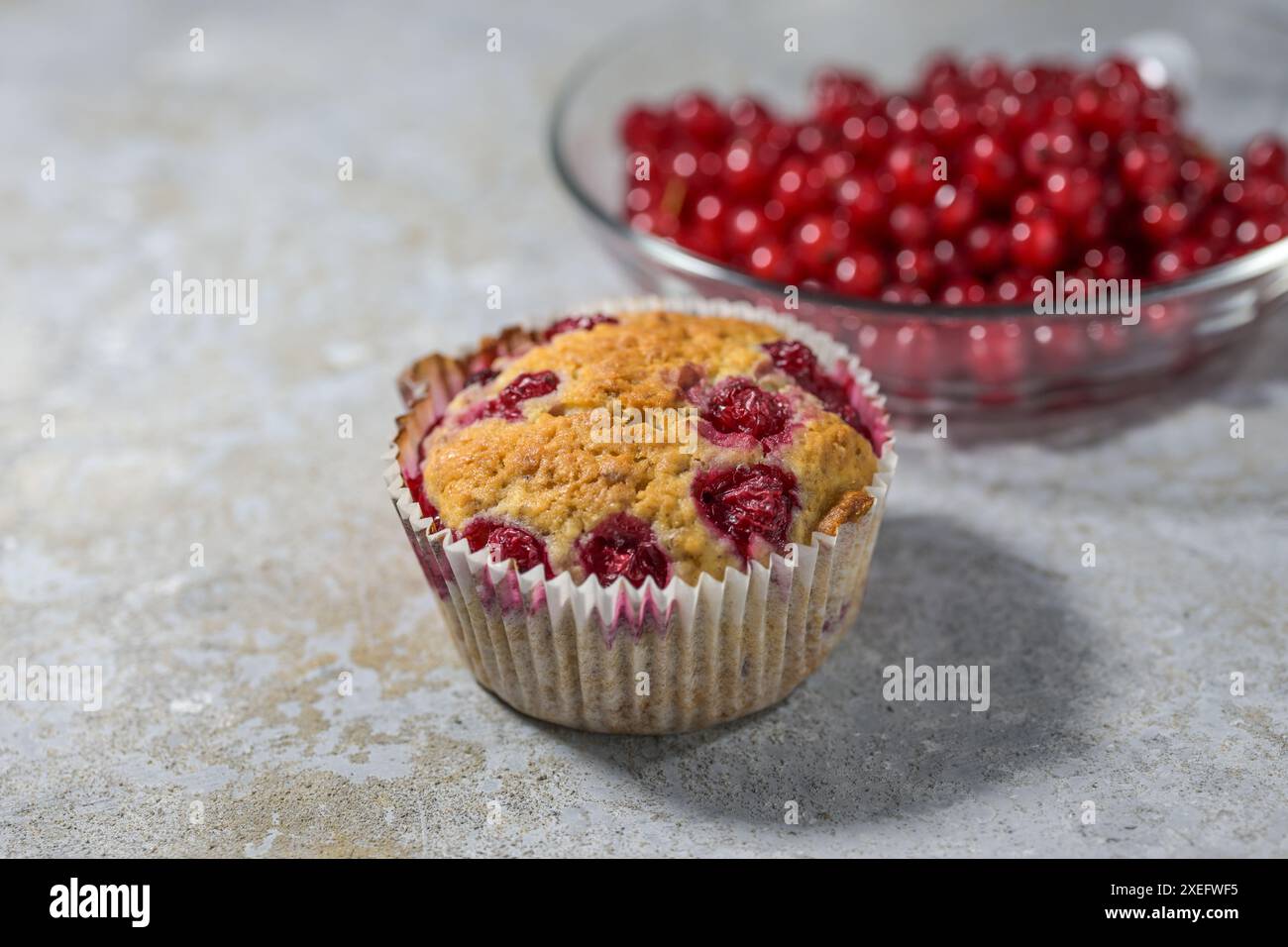 Muffin aux groseilles rouges, dessert fruité maison et une collation d'été savoureuse, concept de cuisson, fond de pierre clair, espace copie, focus sélectionné, étroit Banque D'Images
