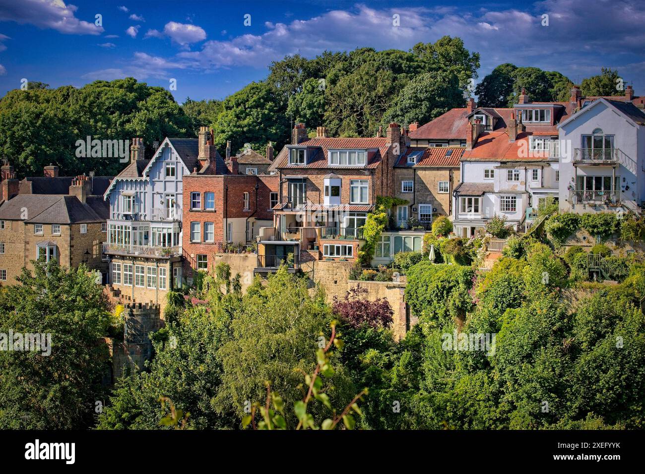 Une rangée de charmantes maisons sur une colline entourée de verdure luxuriante sous un ciel bleu clair. Banque D'Images