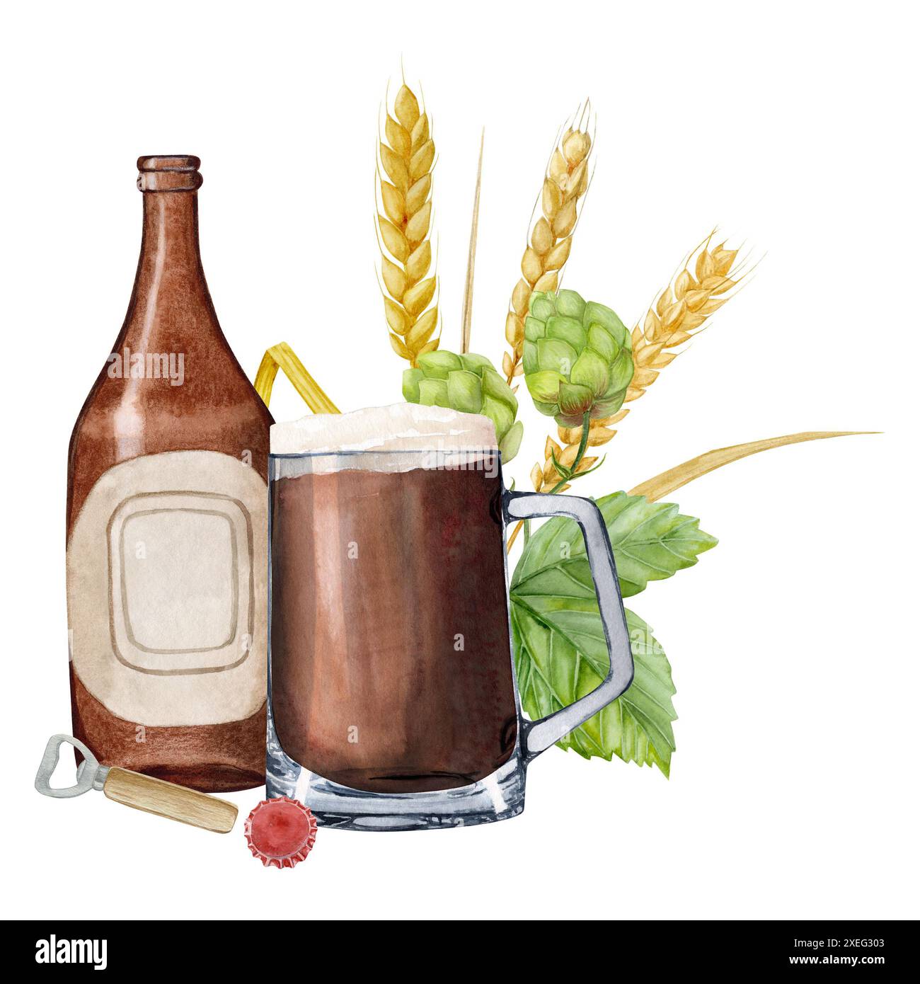 Illustration d'aquarelle dessinée à la main avec bouteille de bière vide avec verre en forme de bière et de malt et de houblon. Fête de la bière, illustration d'aquarelle. Banque D'Images