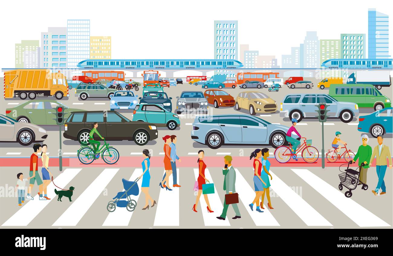 Silhouette de ville d'une grande ville avec embouteillage et les gens sur l'illustration de passage de zèbre Banque D'Images