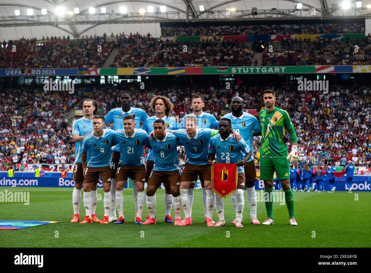 Teamfoto Startelf Belgien Arthur Theate (Belgien, #03), Amadou Onana (Belgien, #24), Wout Faes (Belgien, #04), Jan Vertonghen (Belgien, #05), Romelu Lukaku (Belgien, #10), Koen Casteels (Belgien, #01), Leandro Trossard (Belgien, #09), Timothy Castagne (Belgien, Youri Marion Tielemans (Belgien, #08), Kevin de Bruyne (Belgien, #07), Jeremy Doku (Belgien, #22), GER, Ukraine (UKR) vs Belgique (bel), Fussball Europameisterschaft, UEFA EURO 2024, Gruppe E, 3. Spieltag, 26.06.2024 Foto : Eibner-Pressefoto/Michael Memmler Banque D'Images