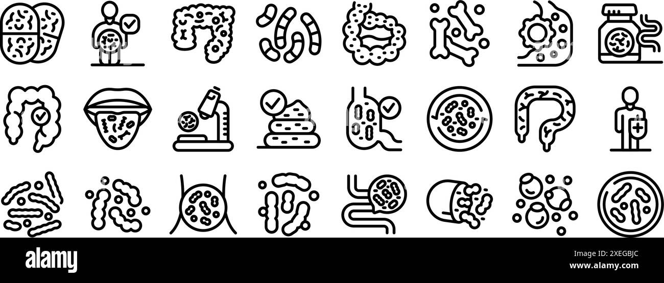jeu d'icônes lactobacilles. Icônes représentant un médecin analysant la dysbiose, le microbiome intestinal et les probiotiques Illustration de Vecteur