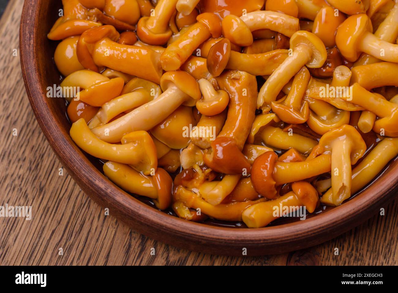 Délicieux champignons au miel marinés avec du sel et des épices dans une assiette en céramique Banque D'Images