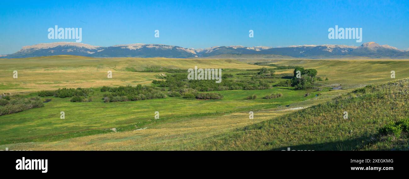 panorama de profonde vallée de ruisseau en dessous du front de montagne rocheux près de choteau, montana Banque D'Images