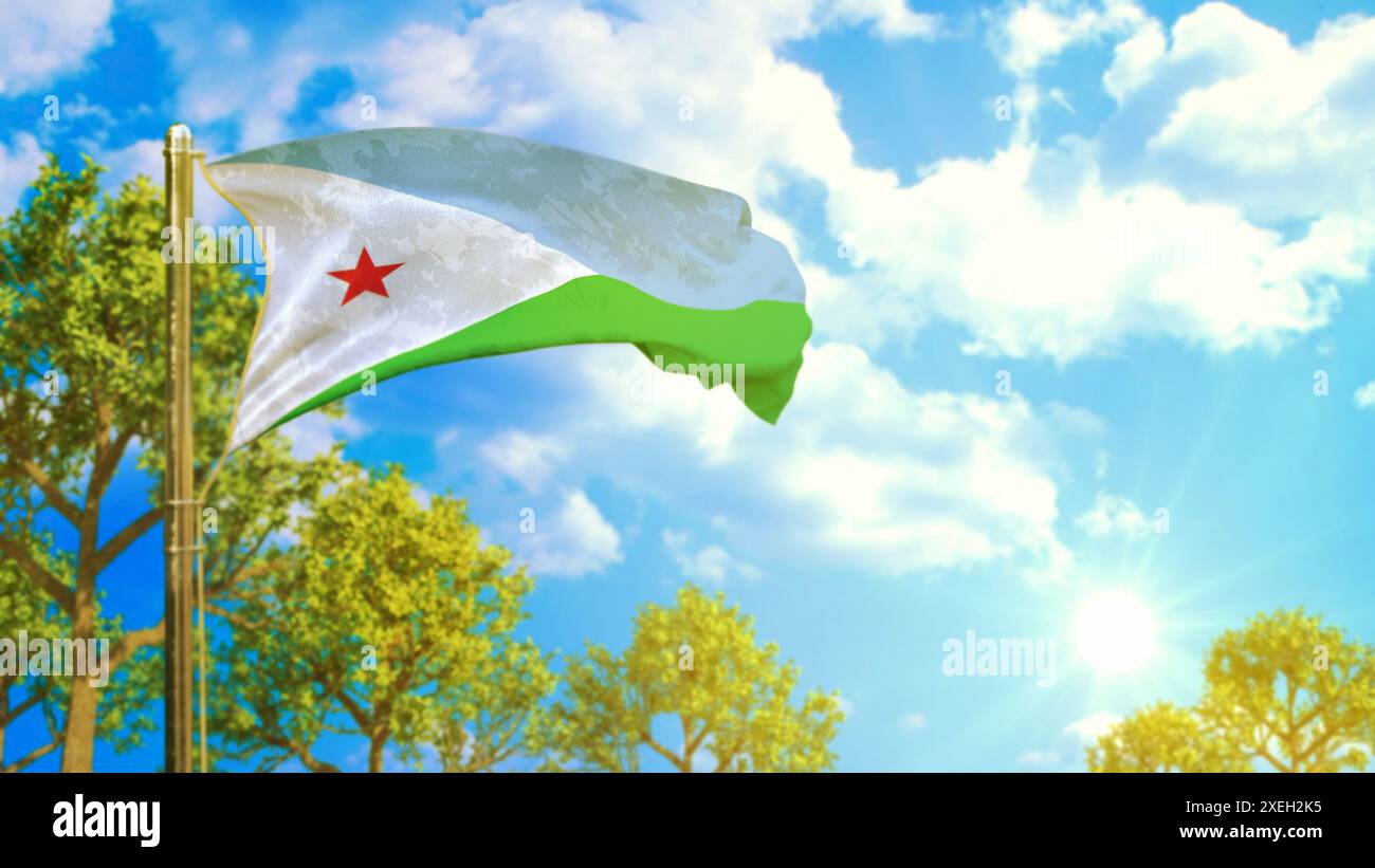 Drapeau de Djibouti à la journée ensoleillée, symbole de vacances - nature illustration 3D. Banque D'Images
