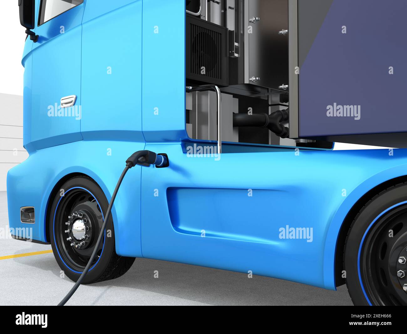 Vue rapprochée du ravitaillement en carburant d'un camion à pile à combustible dans une station d'hydrogène. Image de rendu 3D. Banque D'Images