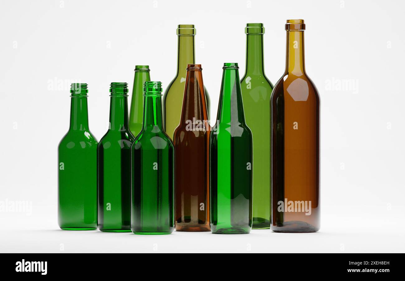 rendu 3d de bière de vin vide ou bouteilles en verre de liqueur pour l'emballage industriel ou le concept de recyclage Banque D'Images