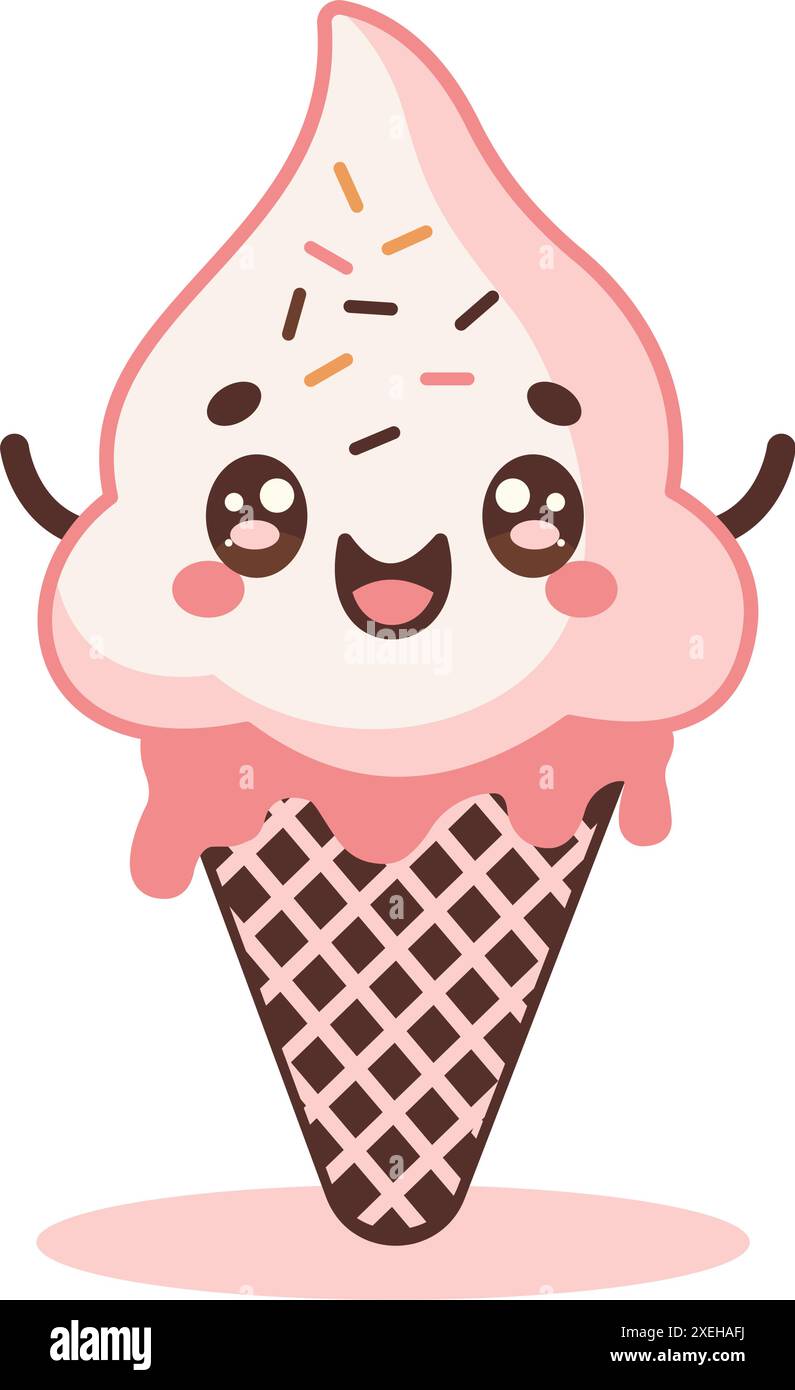 Conception vectorielle du personnage de dessin animé Cute Pink Cone Ice Cream avec Happy expression Illustration de Vecteur