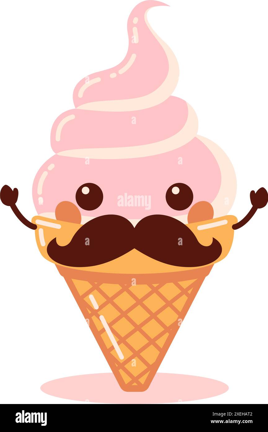 Conception vectorielle de mignon moustache Pink Cone Ice Cream Cartoon personnage avec Happy expression Illustration de Vecteur