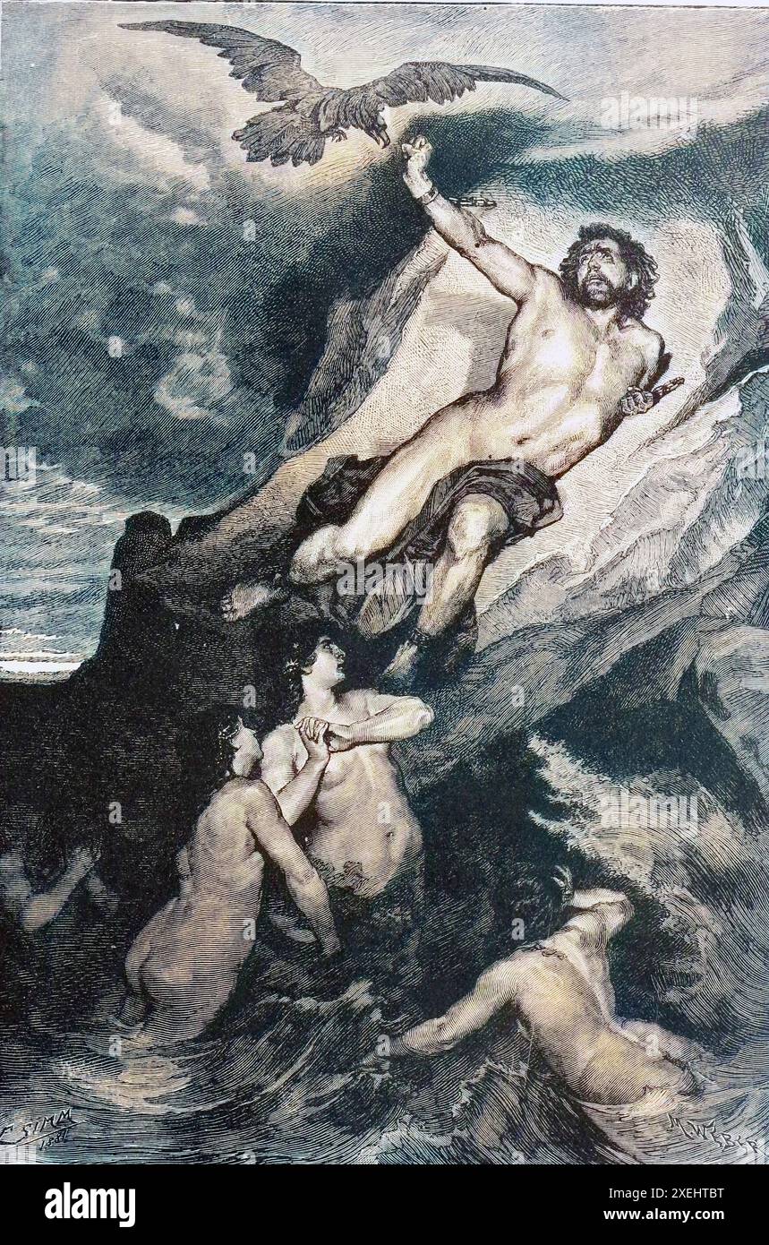 PROMETHEUS VINXTUS. Après la peinture de F. Simm colorisé Prometheus Bound est une tragédie grecque antique traditionnellement attribuée à Eschyle et censée avoir été composée entre 479 av. J.-C. et le terminus ante quem de 424 av. J.-C.. La tragédie est basée sur le mythe de Prométhée, un Titan qui défie Zeus, protège et donne le feu à l'humanité, pour laquelle il est soumis à la colère de Zeus et puni. Extrait du volume 1 de l'histoire universelle de Ridpath : un compte rendu de l'origine, de la condition primitive et du développement ethnique des grandes races de l'humanité, et des principaux événements de l'évolution Banque D'Images