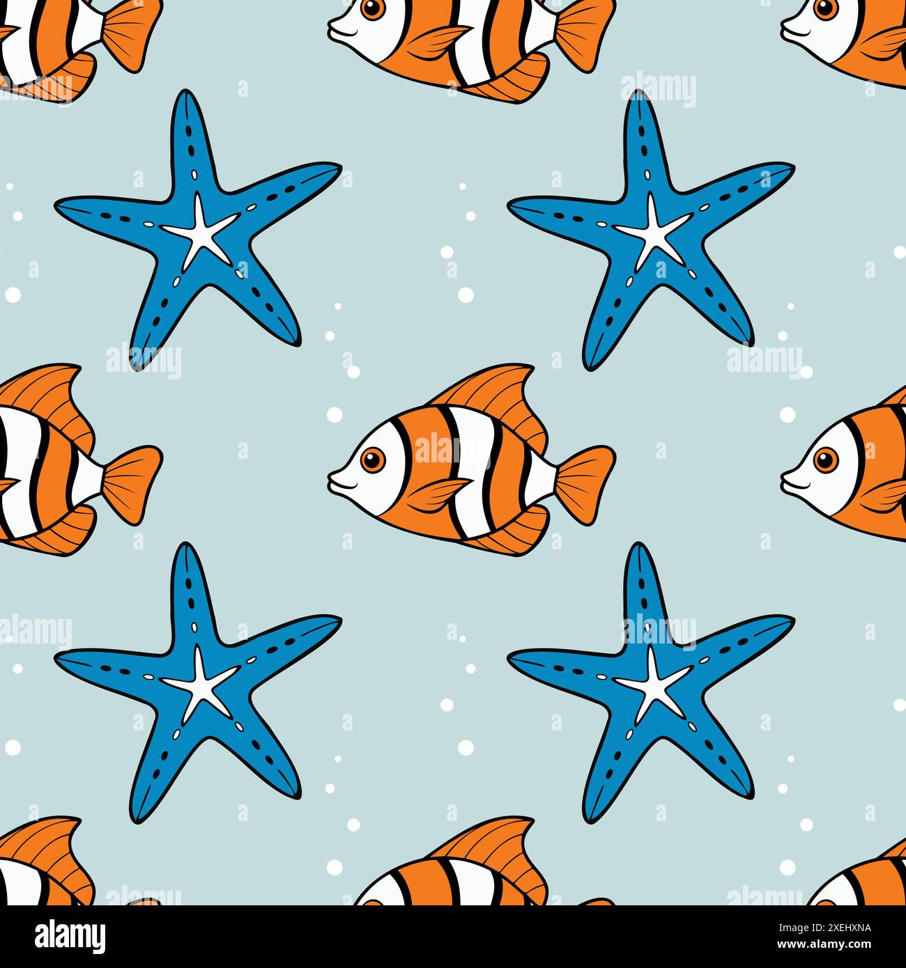 Motif de fond de mer avec des poissons orange et étoiles de mer bleues sur fond bleu pastel, motif marin sans couture. Illustration vectorielle Illustration de Vecteur