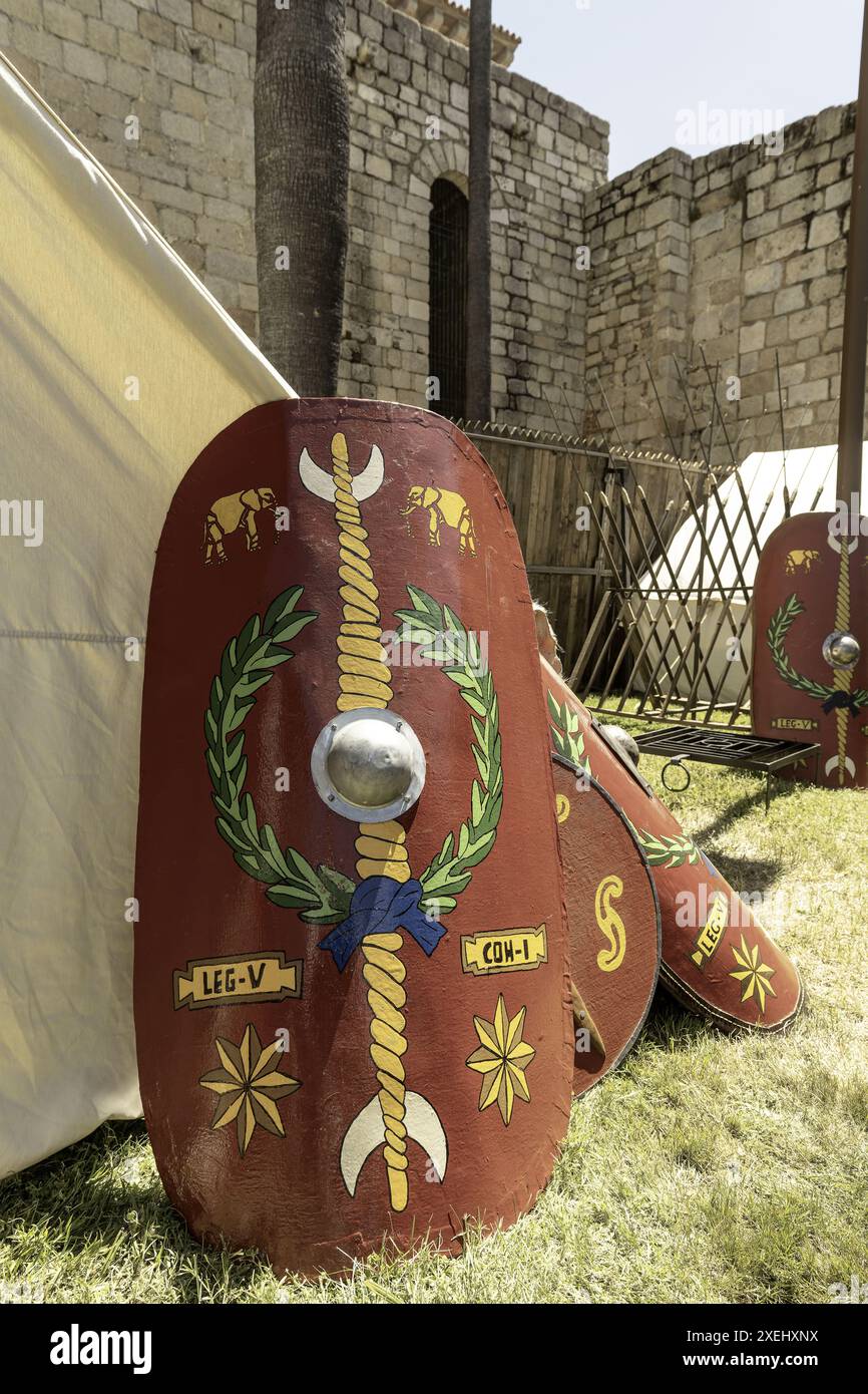 Vue détaillée d'un camp légionnaire romain à Mérida, en Espagne, avec des boucliers décorés, des armes et une tente traditionnelle. Banque D'Images