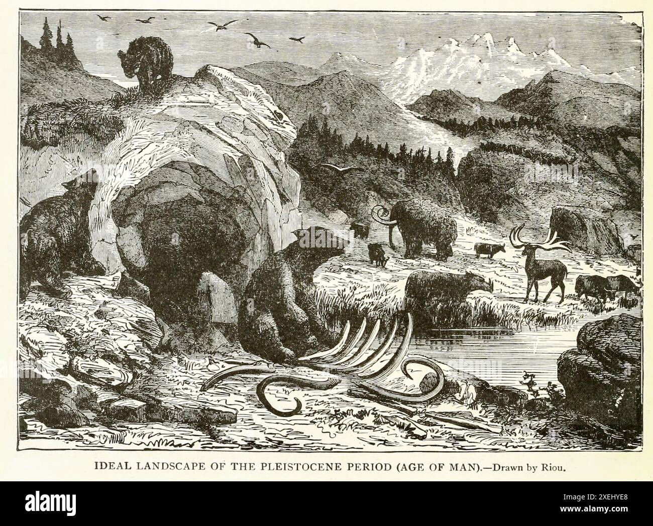 Paysage idéal du Pléistocène (âge de l'homme) dessiné par Riou. Extrait du volume 1 de l'histoire universelle de Ridpath : un compte rendu de l'origine, de la condition primitive et du développement ethnique des grandes races de l'humanité, et des principaux événements dans l'évolution et le progrès de la vie civilisée entre les hommes et les Nations, à partir de sources récentes et authentiques avec une enquête préliminaire sur le temps, le lieu et la manière du commencement par Ridpath, John Clark, 1840-1900 publié en 1897 Banque D'Images