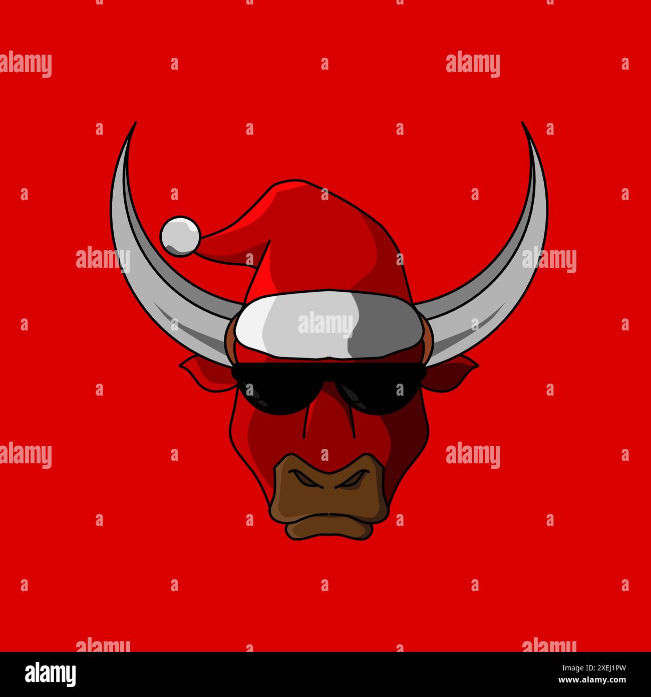 dessin animé de taureau de vache de noël avec conception de logo de chapeau de père noël sur fond isolé Illustration de Vecteur