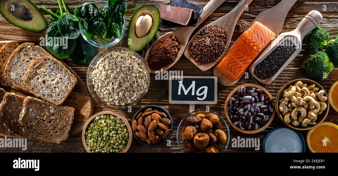 Composition avec des produits alimentaires riches en magnésium. Banque D'Images