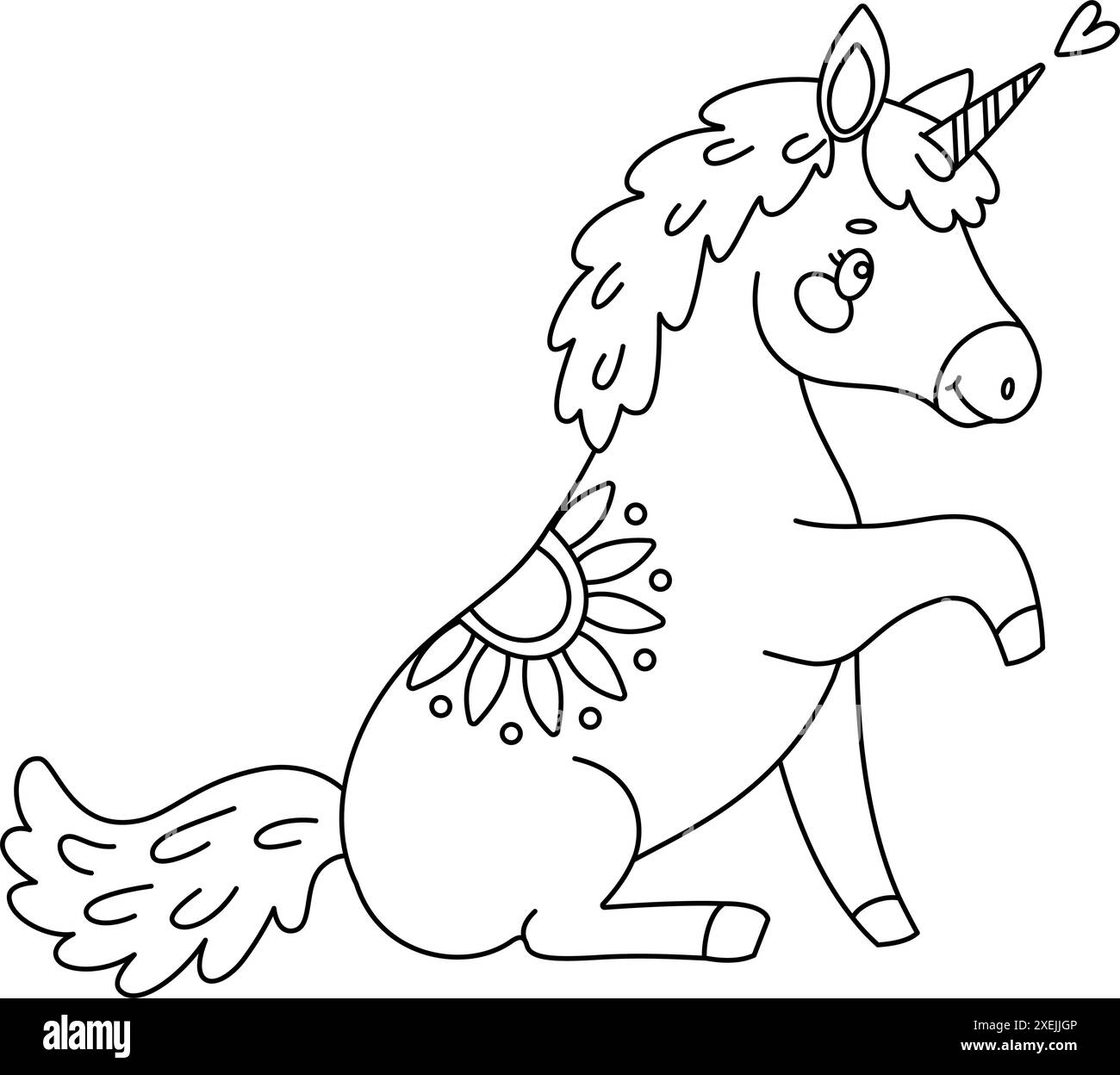 Jolie page à colorier magique licorne. Romantique poney magique dessiné à la main doodle, art au trait isolé pour carte de voeux, affiche, livre de coloriage imprimé pour les enfants et les adultes. Illustration vectorielle Illustration de Vecteur