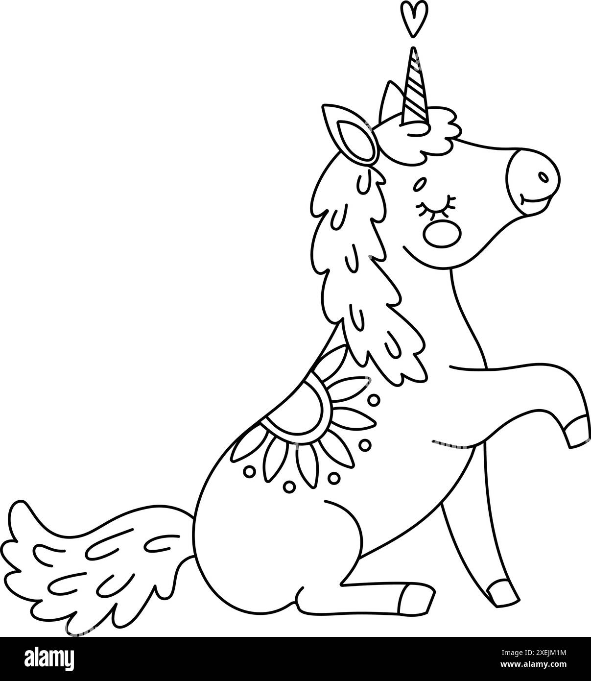 Jolie page à colorier magique licorne. Romantique poney magique dessiné à la main doodle, art au trait isolé pour carte de voeux, affiche, livre de coloriage imprimé pour les enfants et les adultes. Illustration vectorielle Illustration de Vecteur