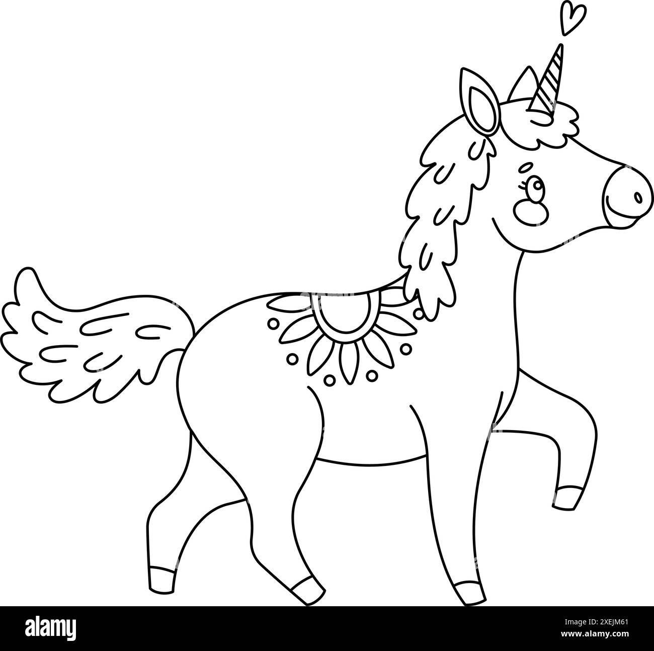 Jolie page à colorier magique licorne. Romantique poney magique dessiné à la main doodle, art au trait isolé pour carte de voeux, affiche, livre de coloriage imprimé pour les enfants et les adultes. Illustration vectorielle Illustration de Vecteur