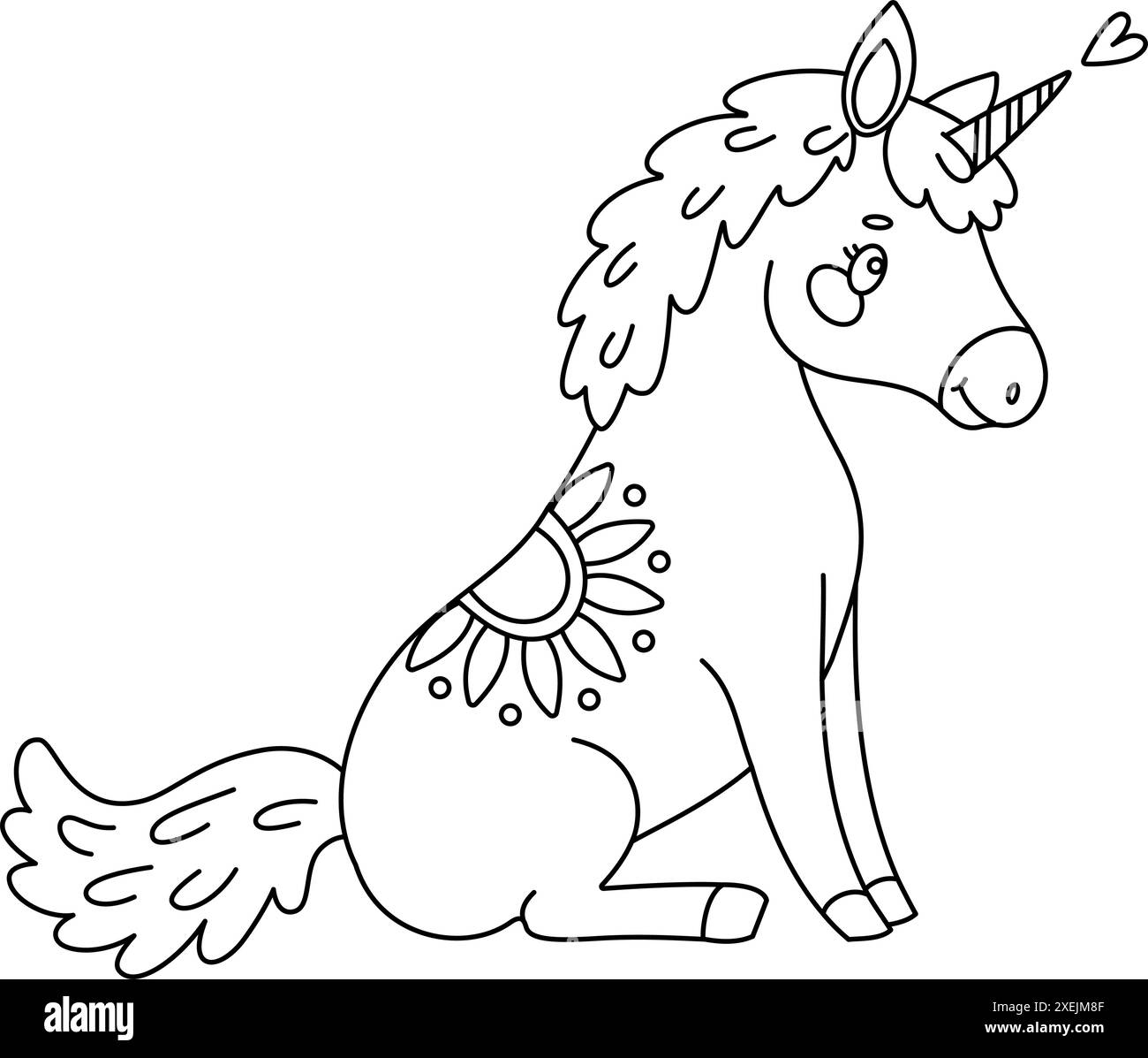 Jolie page à colorier magique licorne. Romantique poney magique dessiné à la main doodle, art au trait isolé pour carte de voeux, affiche, livre de coloriage imprimé pour les enfants et les adultes. Illustration vectorielle Illustration de Vecteur