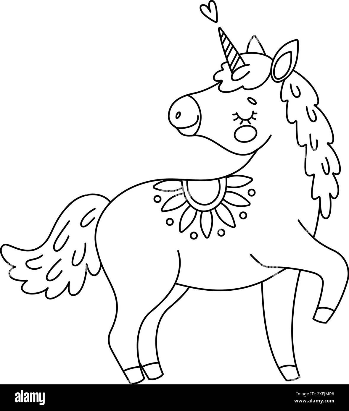 Jolie page à colorier magique licorne. Romantique poney magique dessiné à la main doodle, art au trait isolé pour carte de voeux, affiche, livre de coloriage imprimé pour les enfants et les adultes. Illustration vectorielle Illustration de Vecteur