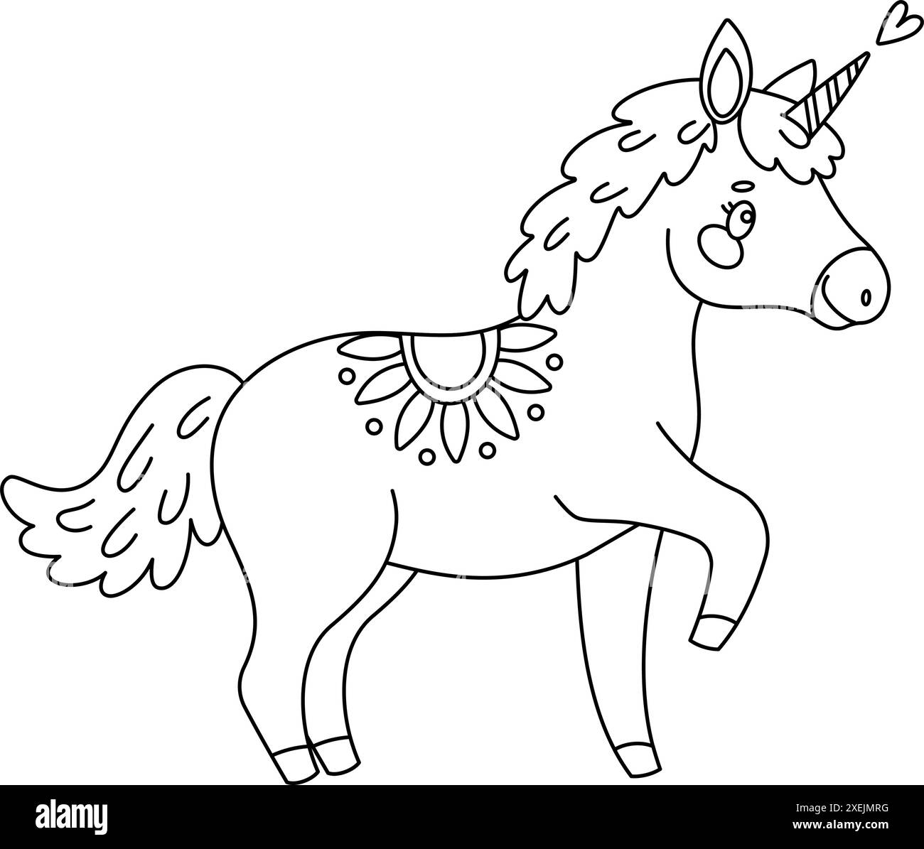 Jolie page à colorier magique licorne. Romantique poney magique dessiné à la main doodle, art au trait isolé pour carte de voeux, affiche, livre de coloriage imprimé pour les enfants et les adultes. Illustration vectorielle Illustration de Vecteur