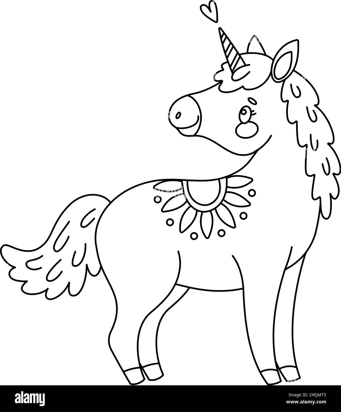 Jolie page à colorier magique licorne. Romantique poney magique dessiné à la main doodle, art au trait isolé pour carte de voeux, affiche, livre de coloriage imprimé pour les enfants et les adultes. Illustration vectorielle Illustration de Vecteur