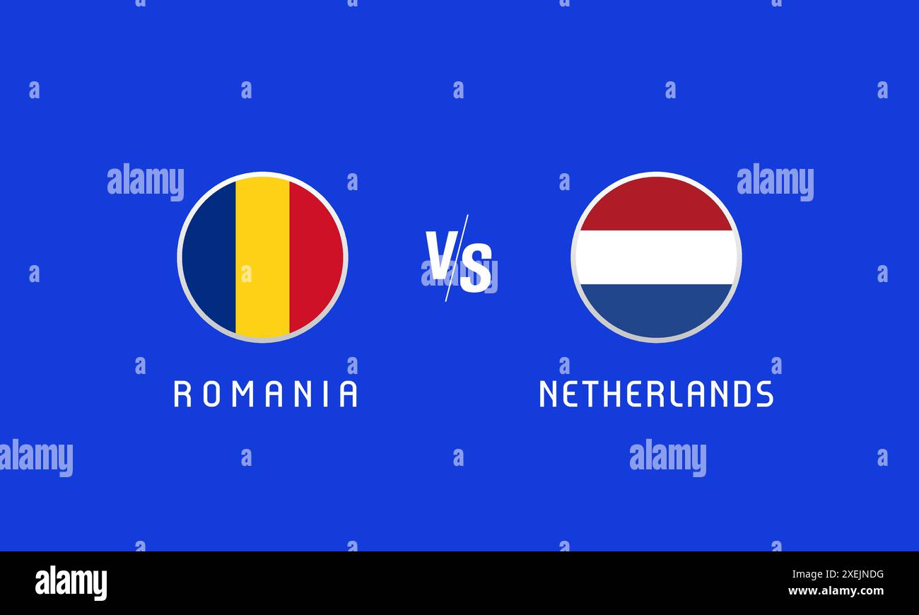 Roumanie vs pays-Bas, ronde 16, concept emblèmes de drapeau. Fond vectoriel avec drapeaux roumains et néerlandais pour une émission de télévision ou un programme d'information Illustration de Vecteur