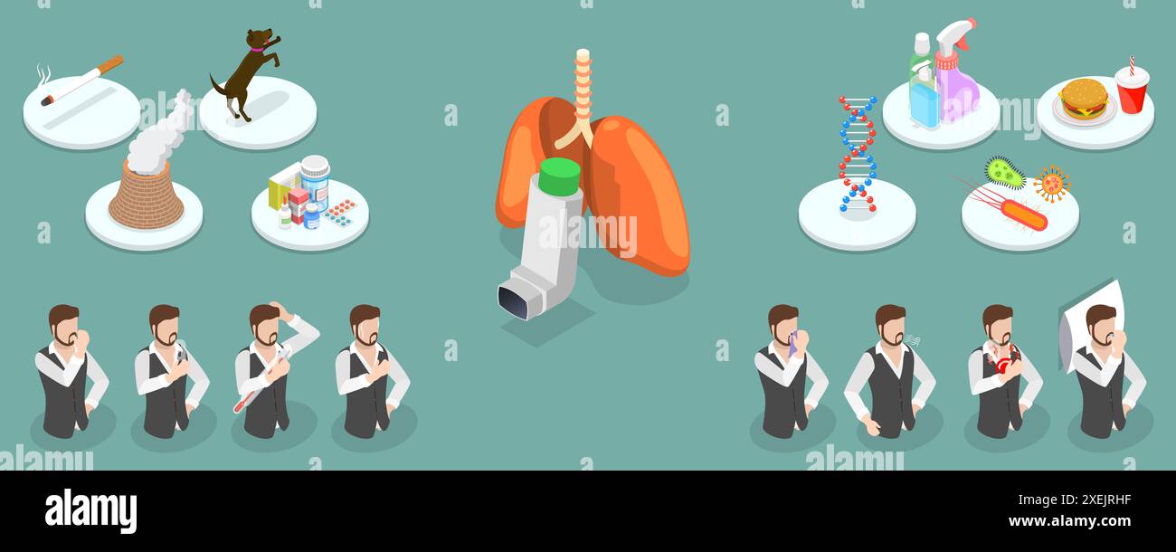3D Isomtric Flat illustration conceptuelle des symptômes et des causes de l'asthme, maladies respiratoires déclencheurs 3D Isomtric Flat Concep Banque D'Images